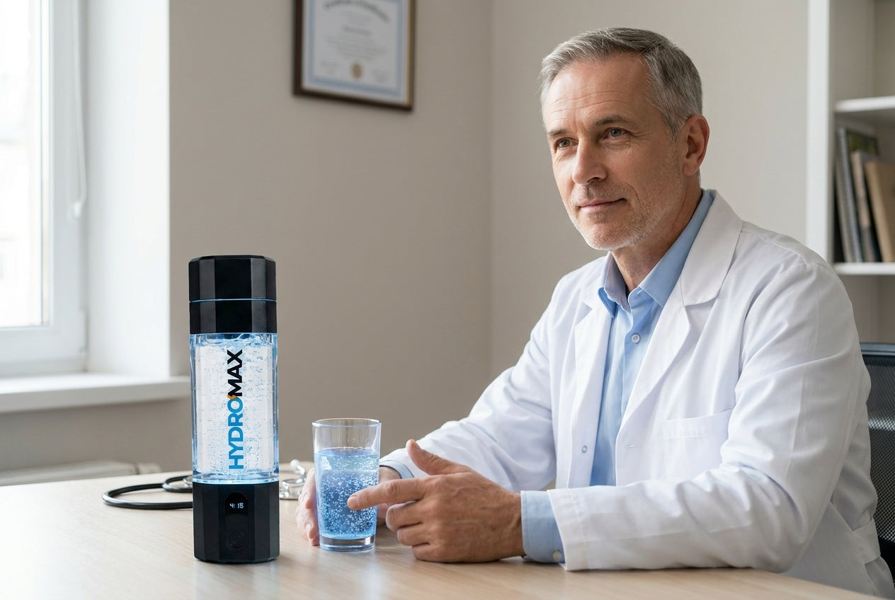 Arzt mit Hydromax-Flasche und Glas Wasserstoffwasser