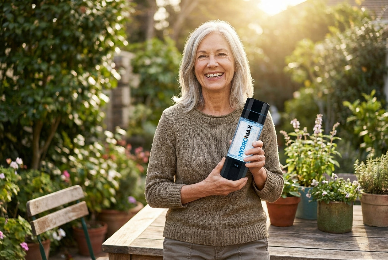 Aktive Seniorin mit Hydromax-Flasche im Garten